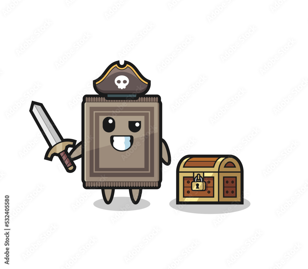 Sticker the carpet pirate character holding sword beside a treasure box