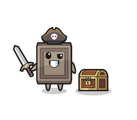the carpet pirate character holding sword beside a treasure box
