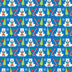 christmas seamless pattern with polar bear, tree and candy cane