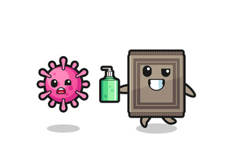 illustration of carpet character chasing evil virus with hand sanitizer
