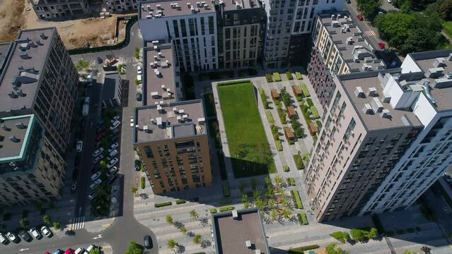 Drone aerial view modern building Residential complex Faina Town. Construction of residential premises. Kyiv capital of Ukraine
