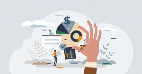 Marketing campaign management with advertising strategy tiny person concept. Social media, product or website commercial plan with smart and effective financial resources usage vector illustration.