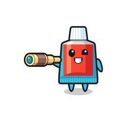 cute toothpaste character is holding an old telescope