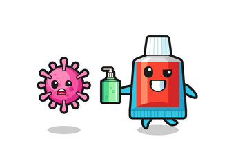 illustration of toothpaste character chasing evil virus with hand sanitizer