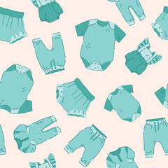 Cute baby clothes seamless pattern. Background with newborn garments. Hand drawn vector illustration