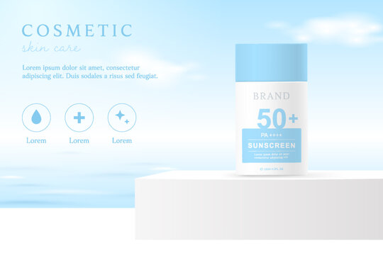 Sunscreen product ads template on water background.