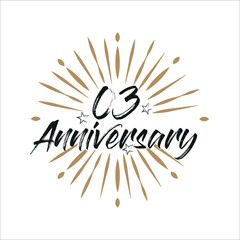 43 years anniversary retro vector emblem isolated template. Vintage logo 03rd years with ribbon and fireworks on white background
