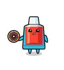illustration of an toothpaste character eating a doughnut