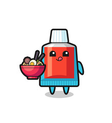 cute toothpaste character eating noodles