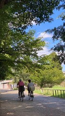 Street bicycle riders in the park of Ueno “Shionbazu” pond sidewalk, a peaceful scenery of Tokyo life year 2022