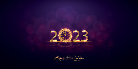 Happy New Year 2023. Background with golden sparkling texture. Gold Numbers, 3, 2, 23 with golden clock.. Vector Illustration for holiday greeting card, invitation, calendar poster banner
