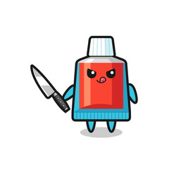 cute toothpaste mascot as a psychopath holding a knife