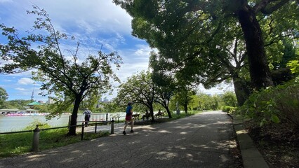 Beautiful scenery of people resting at the bench beside the pond of Ueno “Shinobazu” pond, year around 2022