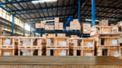 Fototapeta premium Empty top of wooden shelves on warehouse template background for product display