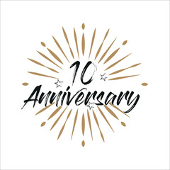 10 years anniversary retro vector emblem isolated template. Vintage logo 10th years with ribbon and fireworks on white background
