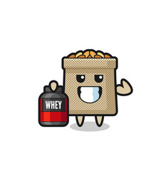 the muscular wheat sack character is holding a protein supplement