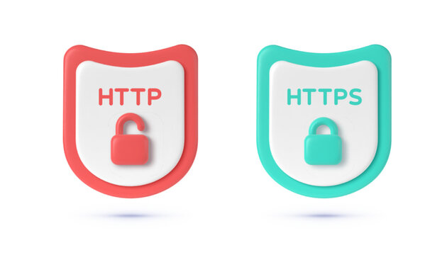 HTTP and HTTPS Protocols. Safe and Secure Wev Browsing. Safety internet technology, data secure. 3d security safe icon. Vector design illustration
