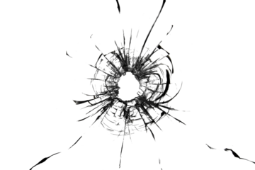 Broken glass, the texture of cracks from a shot through a bullet window. Cracked abstraction on a white background.