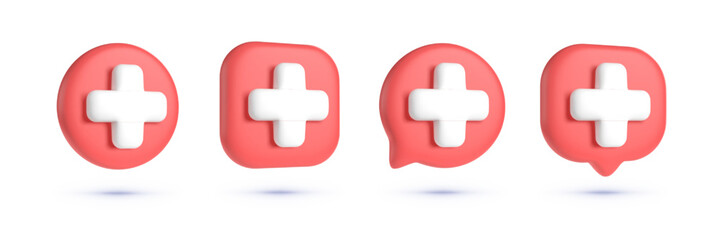 Big collection Medicine red signs 3d. Plus mark. Vector illustration 3d - obrazy, fototapety, plakaty