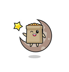 illustration of wheat sack cartoon sitting on the half moon