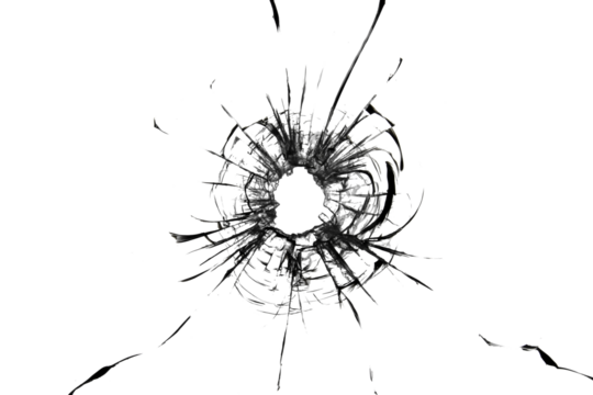 Broken glass, the texture of cracks from a shot through a bullet window. Cracked abstraction on a white background.