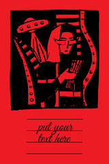 Obraz na płótnie Canvas Card design with Illustration of a girl from the galaxy on red