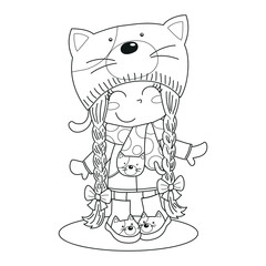 Cute little girl fan cat, Winter clipart
