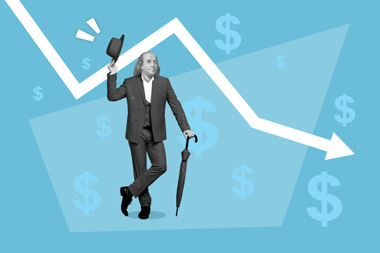 Composite collage picture of black white effect person hold umbrella headwear drawing arrow money income isolated on painted background