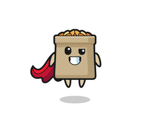 the cute wheat sack character as a flying superhero
