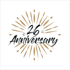 26 years anniversary retro vector emblem isolated template. Vintage logo 26th years with ribbon and fireworks on white background
