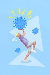 Vertical collage picture of fighting guy hands protect big infection virus isolated on painted...