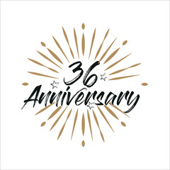  36 years anniversary retro vector emblem isolated template. Vintage logo 36th years with ribbon and fireworks on white background
