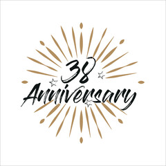 38 years anniversary retro vector emblem isolated template. Vintage logo 38th years with ribbon and fireworks on white background

