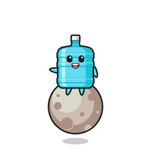 illustration of gallon water bottle cartoon sitting on the moon