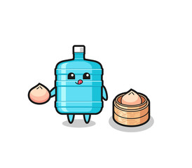 cute gallon water bottle character eating steamed buns