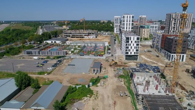 Drone aerial view cityscape modern building Residential complex Nice town. Construction of residential premises. Kyiv capital of Ukraine