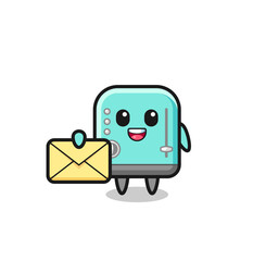 cartoon illustration of toaster holding a yellow letter