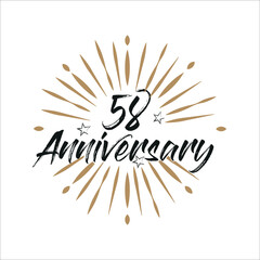 58 years anniversary retro vector emblem isolated template. Vintage logo 58th years with ribbon and fireworks on white background
