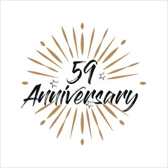 59 years anniversary retro vector emblem isolated template. Vintage logo 59th years with ribbon and fireworks on white background
