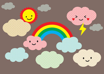 Rainbow with smile clouds and sun on rainy day. Blue sky background. Weather forecast, vector Illustration.