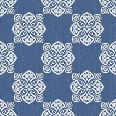 Ethnic geometric flower pattern. Ethnic ikat flower pattern. Illustration blue-white color ethnic flower geometric shape ikat texture seamless pattern background. Use for fabric, interior decoration.