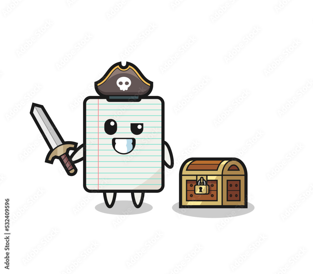 Wall mural the paper pirate character holding sword beside a treasure box