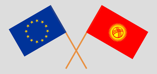 Crossed flags of the European Union and Kyrgyzstan. Official colors. Correct proportion