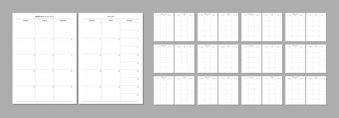 Dated 2023 monthly planner inserts. Minimalist lined planner page. Month on 2 pages. Personal organizer printable sheet layout for your A5 planner, calendar, diary. Vector.