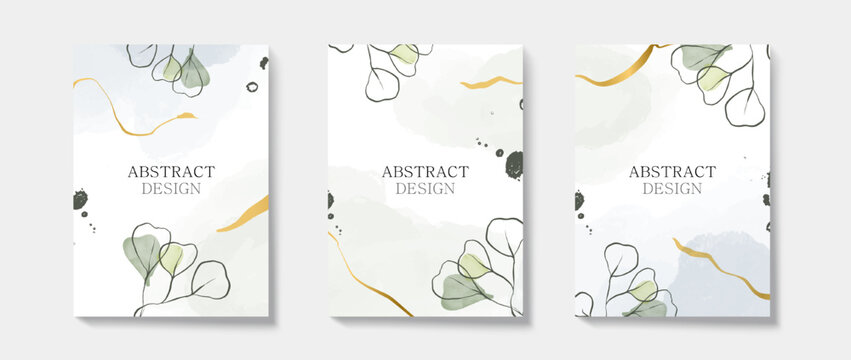 Abstract Luxury Nature Watercolor background for wedding or invitation card and cover design. Minimal and Elegant template with flower, leaves and golden line elements vector illustration