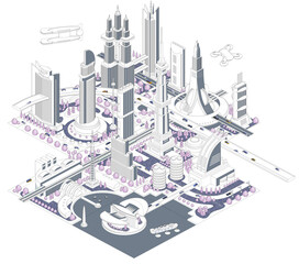 ブロックのように組み合わせれば大きな未来都市になる街並みイラスト　バリエーションあり