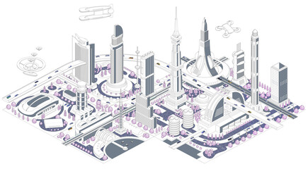 ブロックのように組み合わせれば大きな未来都市になる街並みイラスト　バリエーションあり