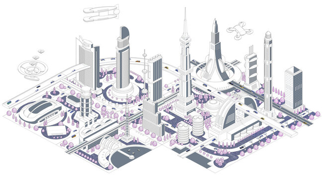 ブロックのように組み合わせれば大きな未来都市になる街並みイラスト　バリエーションあり