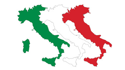 Italy: graphic illustration with silhouettes of Italy in the colors of the flag, with no writing on a neutral white background.
