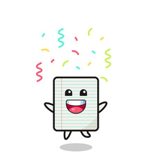 happy paper mascot jumping for congratulation with colour confetti